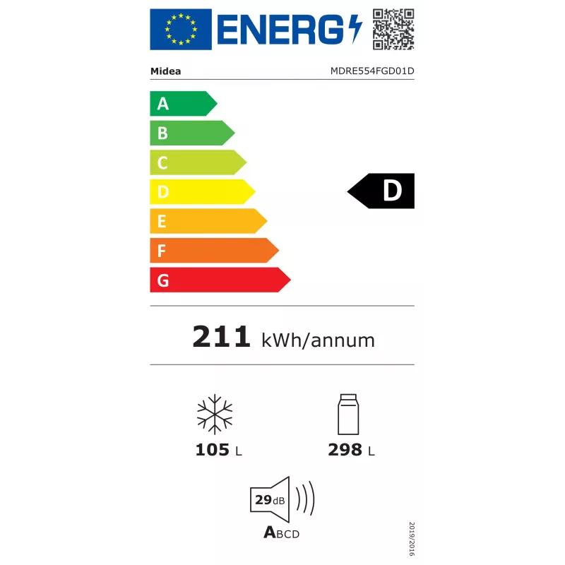 Midea MDRE554FGD01D Wbudowana lodówka kombinowana, No Frost, 403 L, Biała, Klasa energetyczna D