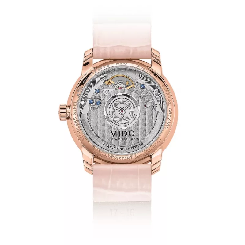 MIDO Baroncelli III Lady Automatic Watch 33mm Rose Gold PVD Stainless Steel Silver Dial Brown Leather Strap M027207360100