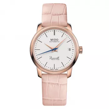 MIDO Baroncelli III Lady Automatic Watch 33mm Rose Gold PVD Stainless Steel Silver Dial Brown Leather Strap M027207360100