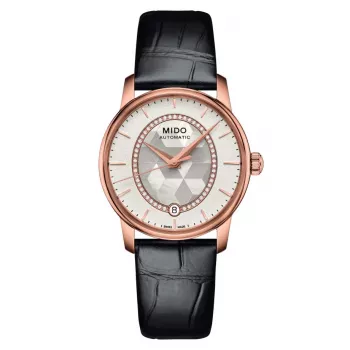 Zegarek automatyczny MIDO Baroncelli III Lady 33mm różowe złoto PVD biała perłowa tarcza diamentowe indeksy biały skórzany pasek