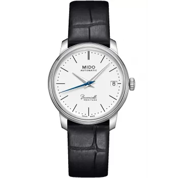 MIDO Baroncelli Lady Automatyczny Zegarek 33mm Stal Nierdzewna Biała Tarcza Czarny Skórzany Pasek M027207160100