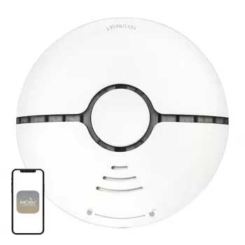 MOES WSS-S-SSD-A Czujnik dymu fotoelektryczny Wi-Fi z alertami w aplikacji Tuya, syrena 85dB, zasilany baterią CR123A, współpracuje z Alexa i Google Assistant, biały