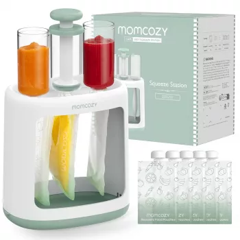MOMCOZY Urządzenie do Przygotowywania Posiłków dla Niemowląt do Przechowywania Puree, 5-w-1 Gotowanie na Parze, Miksowanie, Puree, Rozmrażanie, Podgrzewanie, 600ml Dzbanek Tritan, 200ml Zbiornik na Wodę, Dotykowy LCD, Bez BPA, 300W Grzanie, 120W Miksowani