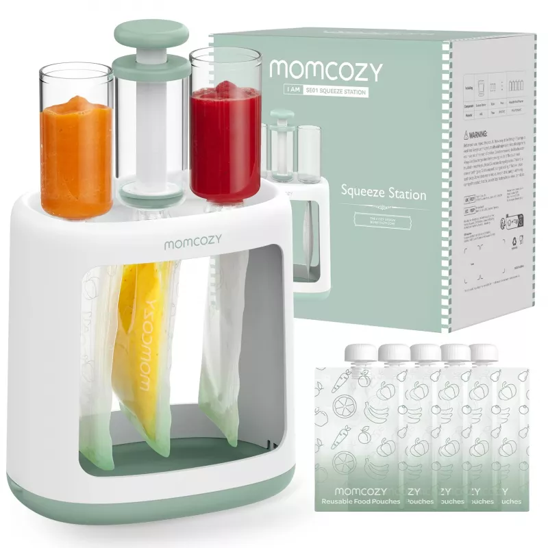 MOMCOZY Urządzenie do Przygotowywania Posiłków dla Niemowląt do Przechowywania Puree, 5-w-1 Gotowanie na Parze, Miksowanie, Puree, Rozmrażanie, Podgrzewanie, 600ml Dzbanek Tritan, 200ml Zbiornik na Wodę, Dotykowy LCD, Bez BPA, 300W Grzanie, 120W Miksowani