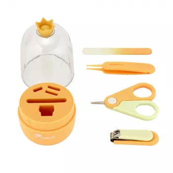 Momini Baby Nail Care Kit Sunny - Elektryczny pilnik do paznokci dla niemowląt z 6 głowicami szlifierskimi, 2 prędkościami, lampką LED, biało-żółty