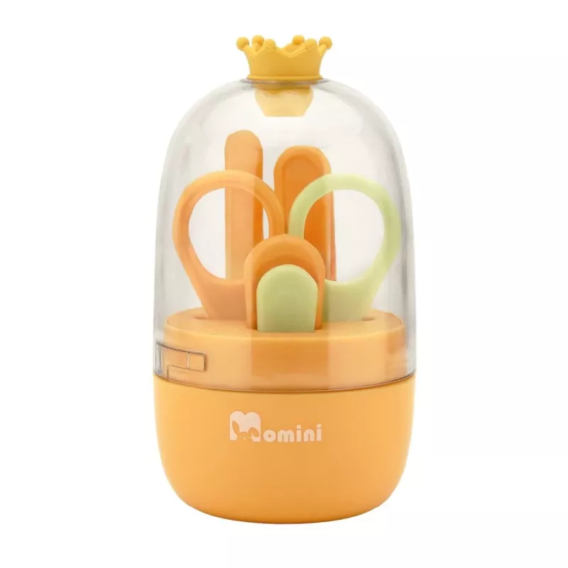 Momini Baby Nail Care Kit Sunny - Elektryczny pilnik do paznokci dla niemowląt z 6 głowicami szlifierskimi, 2 prędkościami, lampką LED, biało-żółty