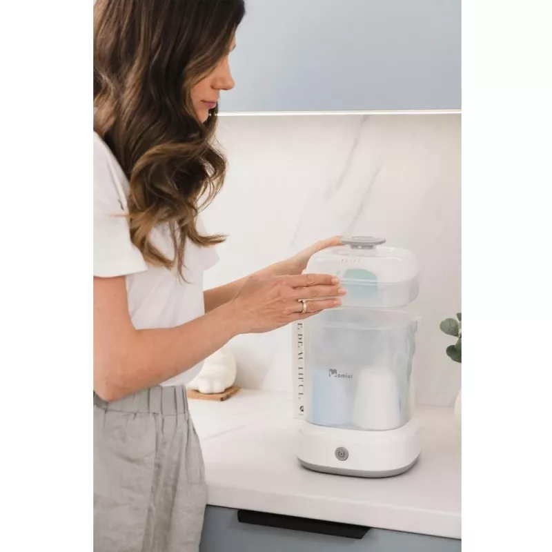Momini Bottle Steriliser QuickSteam - Elektryczny sterylizator parowy na 6 butelek dla niemowląt, cykl 8 minut, automatyczne wyłączanie, bez BPA