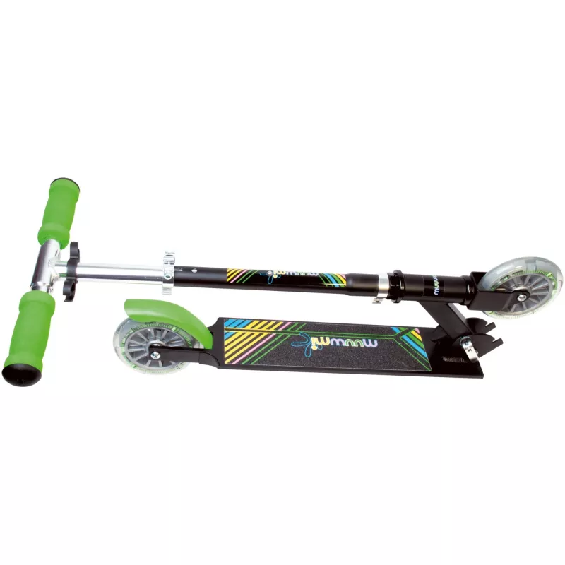 Hulajnoga MUUWMI AU 102 Aluminiowa Neon 125 mm z podświetlanymi kołami LED, składana, łożyska ABEC 5, maks. 50 kg, neonowa zieleń/czerń