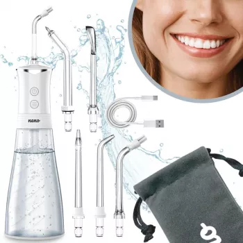 NENO Pulsar White Przenośny Irygator Dentystyczny z Zbiornikiem 300 ml, 3 Tryby Ciśnienia, Ładowanie USB-C, Wodoszczelność IPX7, 4 Końcówki