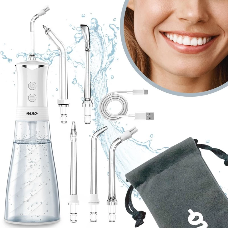 NENO Pulsar White Przenośny Irygator Dentystyczny z Zbiornikiem 300 ml, 3 Tryby Ciśnienia, Ładowanie USB-C, Wodoszczelność IPX7, 4 Końcówki