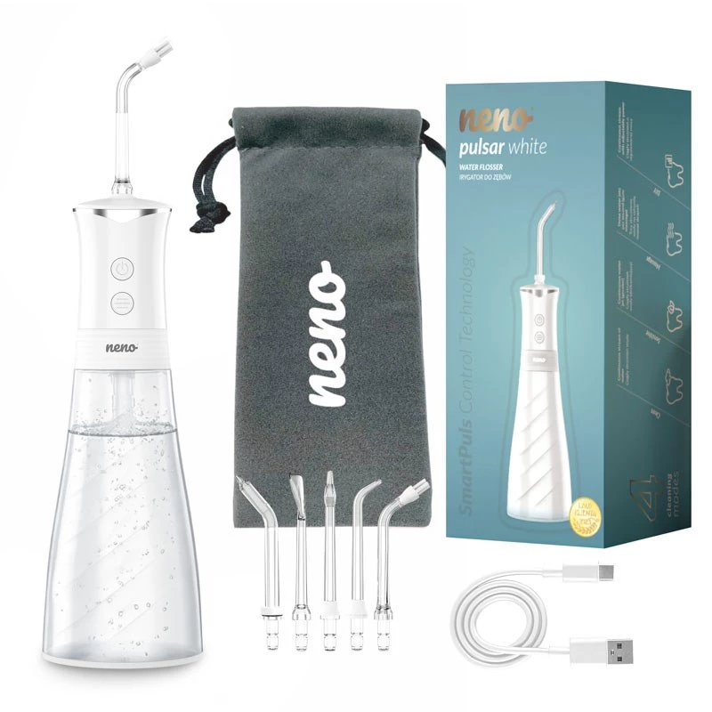 NENO Pulsar White Przenośny Irygator Dentystyczny z Zbiornikiem 300 ml, 3 Tryby Ciśnienia, Ładowanie USB-C, Wodoszczelność IPX7, 4 Końcówki