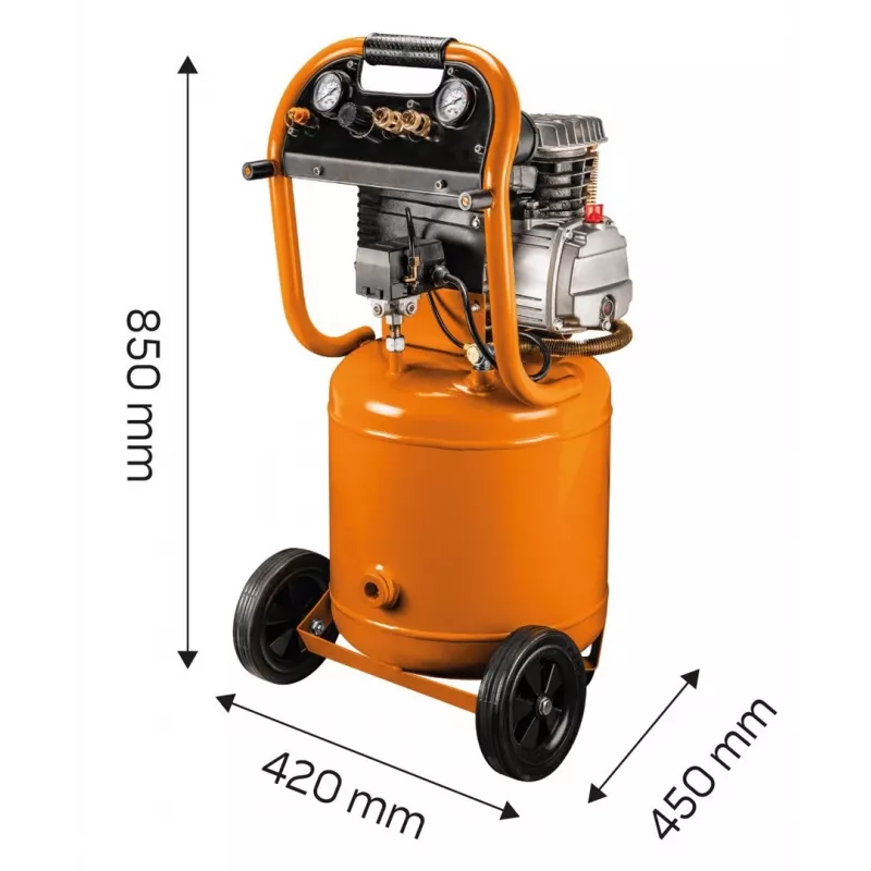 NEO TOOLS 12K010 Pionowy, olejowy sprężarka powietrza, zbiornik 40 L, 230 V, 1.5 kW, 8 bar, wydajność ssania 206 L/min, koła i uchwyt