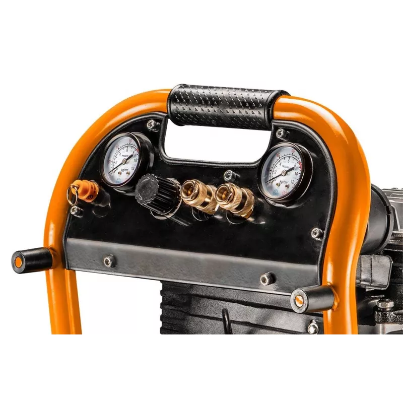 NEO TOOLS 12K010 Pionowy, olejowy sprężarka powietrza, zbiornik 40 L, 230 V, 1.5 kW, 8 bar, wydajność ssania 206 L/min, koła i uchwyt