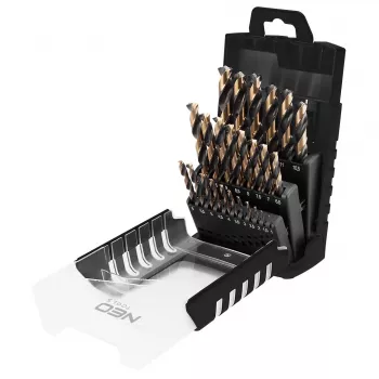 NEO TOOLS 25-Częściowy Zestaw Wierteł HSS-CNC do Metalu, Kąt 124°, Pro-Tec, 1.0–13.0 mm