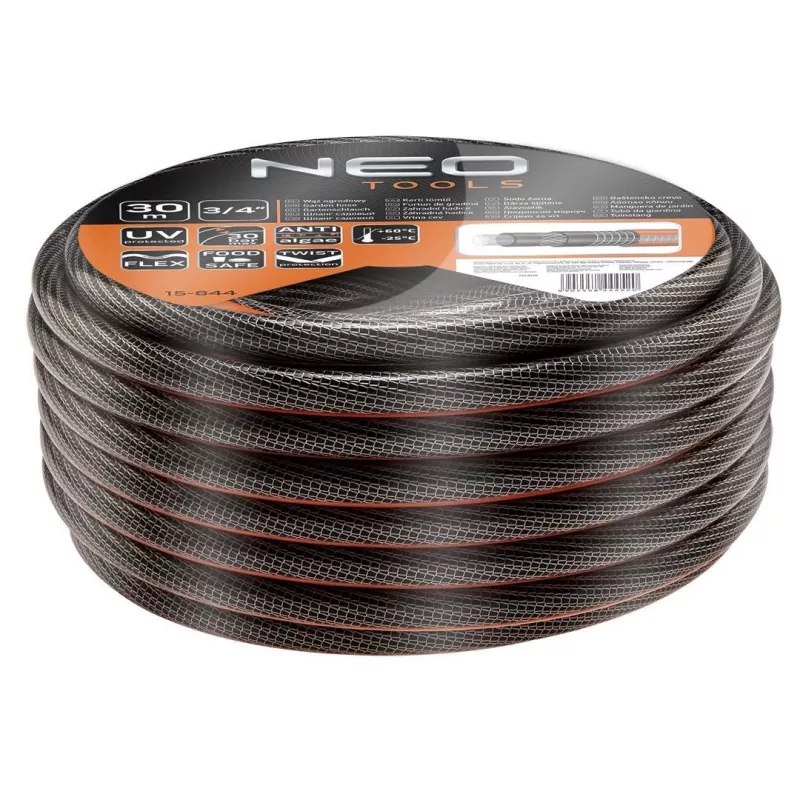 NEO TOOLS 3/4 cala x 30m 6-warstwowy wzmocniony wąż ogrodowy PVC, ciśnienie rozerwania 25 bar, odporny na UV i glony, zielony