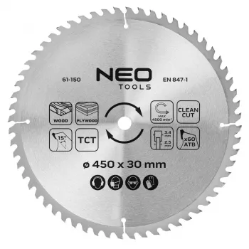 NEO TOOLS Tarcza do piły tarczowej 450 mm z węglików spiekanych, 60 zębów, otwór 30 mm, do drewna