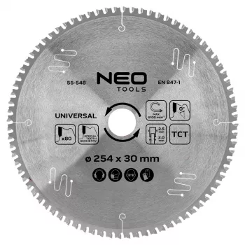 NEO TOOLS 55-548 Tarcza do piły tarczowej z węglików spiekanych, 254 mm x 30 mm, 80 zębów, uniwersalna