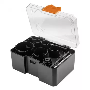 NEO TOOLS 57-923 Zestaw otwornic z węglików spiekanych, 11 elementów (20–64 mm), z 2 trzpieniami i walizką