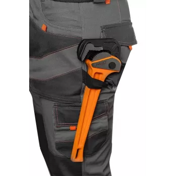NEO TOOLS 81-325-S Spodnie ochronne, rozmiar S, szare z pomarańczowymi akcentami, 65% poliester 35% bawełna, 245 g/m², 9 kieszeni, kieszenie na nakolanniki, EN ISO 13688:2013