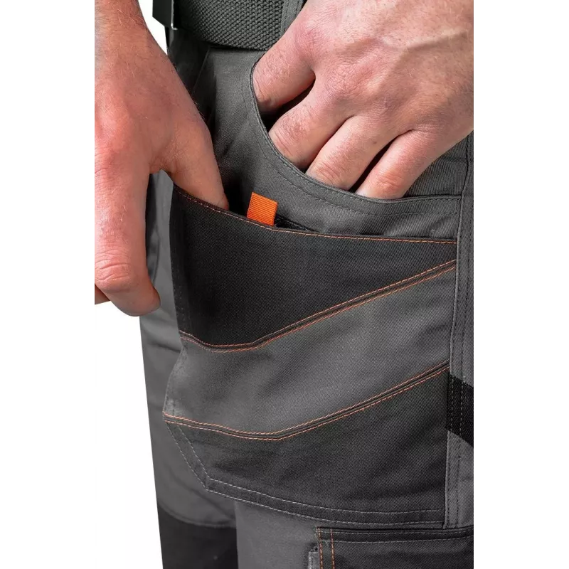 NEO TOOLS 81-325-S Spodnie ochronne, rozmiar S, szare z pomarańczowymi akcentami, 65% poliester 35% bawełna, 245 g/m², 9 kieszeni, kieszenie na nakolanniki, EN ISO 13688:2013