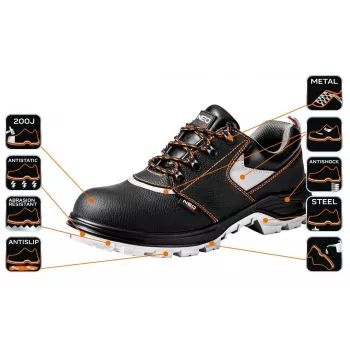 NEO TOOLS 82-018 S1P SRC Buty ochronne niskie z podnoskiem stalowym i wkładką antyprzebiciową, szary/czarny, rozmiar 42
