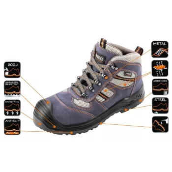 NEO TOOLS 82-046 S1P SRC Buty bezpieczne z podnoskiem stalowym i wkładką antyprzebiciową, zamsz i siateczka, czarno-szare, EU 39-47