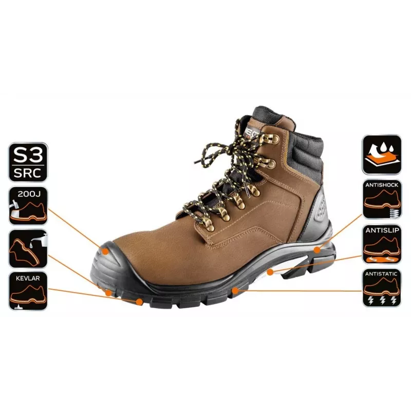 NEO Tools 82-170-44 S1P SRC Buty ochronne ze stalowym noskiem, skóra zamszowa, podeszwa PU, rozmiar 44, czarny/szary