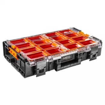 NEO Tools 84-268 Organizer na artykuły plastyczne i rzemieślnicze z 18 regulowanymi przegródkami, przezroczystą pokrywą i uchwytem do przenoszenia