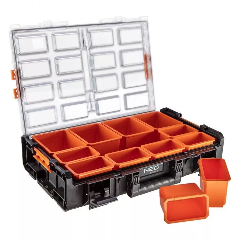 NEO Tools 84-268 Organizer na artykuły plastyczne i rzemieślnicze z 18 regulowanymi przegródkami, przezroczystą pokrywą i uchwytem do przenoszenia