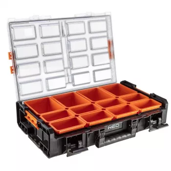 NEO Tools 84-268 Organizer na artykuły plastyczne i rzemieślnicze z 18 regulowanymi przegródkami, przezroczystą pokrywą i uchwytem do przenoszenia
