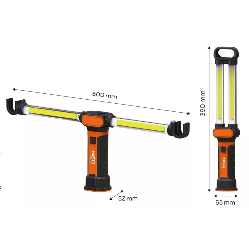 NEO TOOLS 99-066 Akumulatorowa lampa robocza COB LED z podstawą magnetyczną i obrotowym hakiem, 300 lm