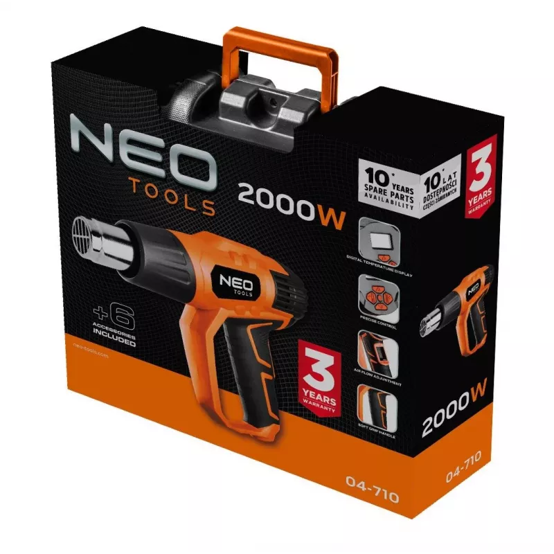 NEO TOOLS Opalarka 2000W z wyświetlaczem LCD, 50°C i 70-600°C, 4 dysze, skrobak, walizka