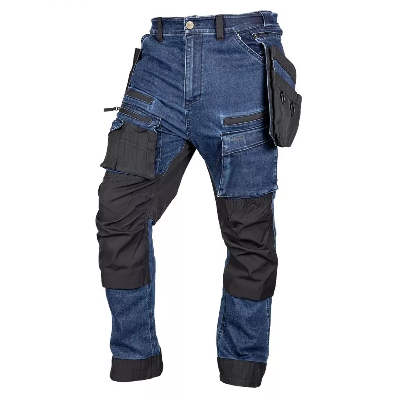 NEO TOOLS Męskie dżinsowe spodnie robocze z wzmocnieniami Cordura, granatowe, rozmiar M (81-361-1-M)