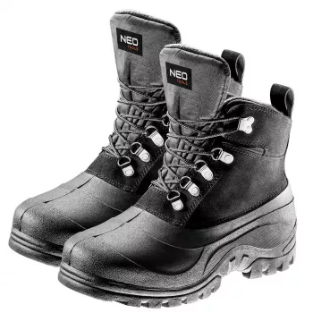 Męskie buty śniegowe NEO TOOLS, rozmiar 43 - czarne zimowe sznurowane buty za kostkę z podszewką ze sztucznego futra, wodoodporne, antypoślizgowa podeszwa TPR