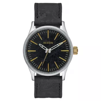 NIXON A377-2222-00 Męski zegarek ze stali nierdzewnej 38 mm z czarną tarczą i brązowym skórzanym paskiem