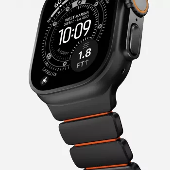 NOMAD Stratos Band - Bransoleta tytanowa do Apple Watch 49mm z FKM (Black Titanium, Ultra Orange FKM)