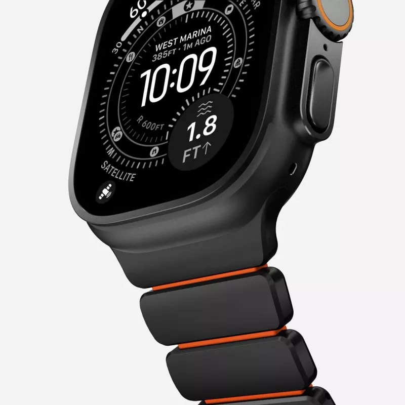 NOMAD Stratos Band - Bransoleta tytanowa do Apple Watch 49mm z FKM (Black Titanium, Ultra Orange FKM)