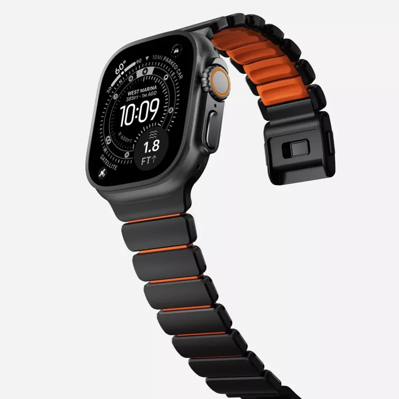 NOMAD Stratos Band - Bransoleta tytanowa do Apple Watch 49mm z FKM (Black Titanium, Ultra Orange FKM)