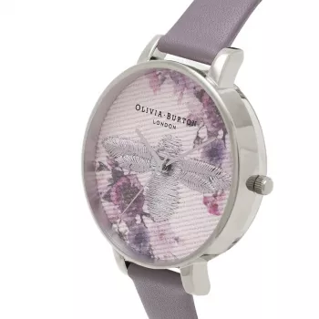 Zegarek damski Olivia Burton Enchanted Garden OB16EM05 - 38 mm, koperta ze stali szlachetnej w kolorze różowego złota, biała tarcza z motywem kwiatowym, pasek z szarej skóry norki