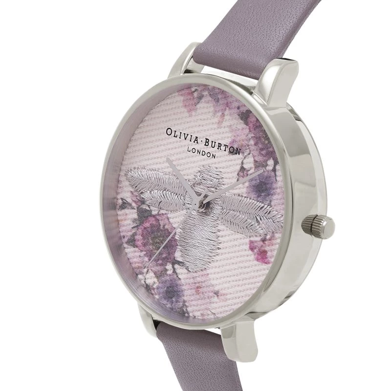 Zegarek damski Olivia Burton Enchanted Garden OB16EM05 - 38 mm, koperta ze stali szlachetnej w kolorze różowego złota, biała tarcza z motywem kwiatowym, pasek z szarej skóry norki