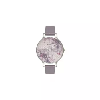 Zegarek damski Olivia Burton Enchanted Garden OB16EM05 - 38 mm, koperta ze stali szlachetnej w kolorze różowego złota, biała tarcza z motywem kwiatowym, pasek z szarej skóry norki