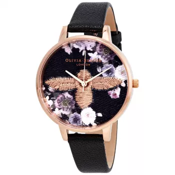 Zegarek damski Olivia Burton Enchanted Garden OB16EM02 - Koperta ze stali szlachetnej w kolorze różowego złota 38 mm, szary pasek skórzany, szara tarcza z motywem pszczoły