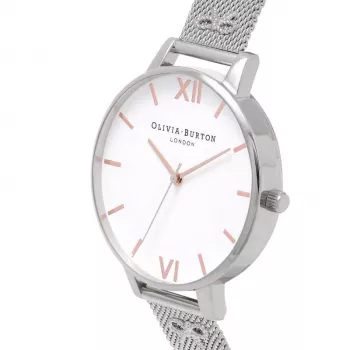 Zegarek damski Olivia Burton Enchanted Garden OB16ES10 - Koperta ze stali szlachetnej w kolorze różowego złota 38 mm, biała tarcza z motywem kwiatowym, szary skórzany pasek