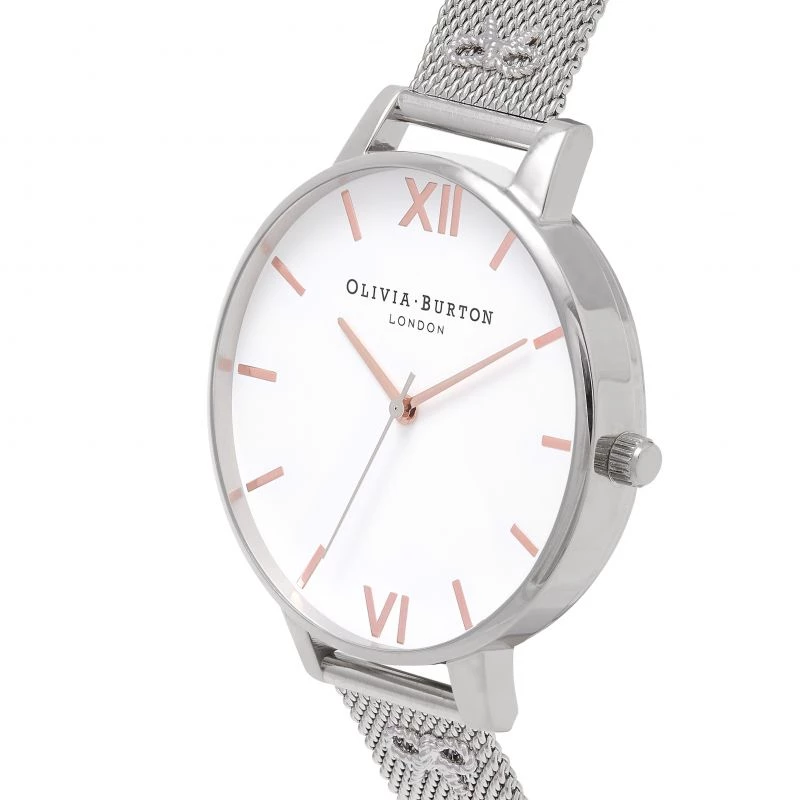 Zegarek damski Olivia Burton Enchanted Garden OB16ES10 - Koperta ze stali szlachetnej w kolorze różowego złota 38 mm, biała tarcza z motywem kwiatowym, szary skórzany pasek