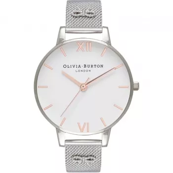 Zegarek damski Olivia Burton Enchanted Garden OB16ES10 - Koperta ze stali szlachetnej w kolorze różowego złota 38 mm, biała tarcza z motywem kwiatowym, szary skórzany pasek