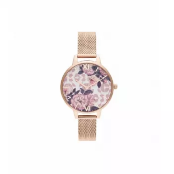 Zegarek damski Olivia Burton Lucky Bee OB16LP01 - Koperta 34mm w kolorze różowego złota, biała tarcza, szary skórzany pasek