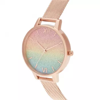 Zegarek damski OLIVIA BURTON Rainbow Bee OB16RB18 - 34 mm, koperta ze stali nierdzewnej, szary pasek skórzany, biała tarcza z motywem tęczowej pszczoły, mechanizm kwarcowy