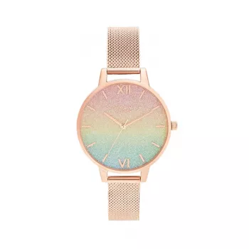 Zegarek damski OLIVIA BURTON Rainbow Bee OB16RB18 - 34 mm, koperta ze stali nierdzewnej, szary pasek skórzany, biała tarcza z motywem tęczowej pszczoły, mechanizm kwarcowy