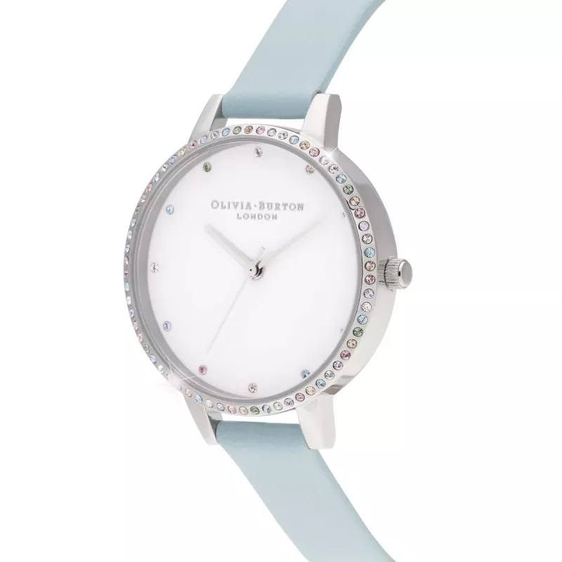 Zegarek damski Olivia Burton Rainbow Bee OB16RB19 - 34mm, różowe złoto i szara skóra