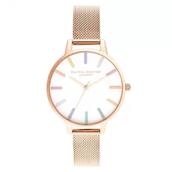 Zegarek damski Olivia Burton OB16RB24 34mm srebrna stal nierdzewna biała tarcza tęczowa pszczoła szara skóra